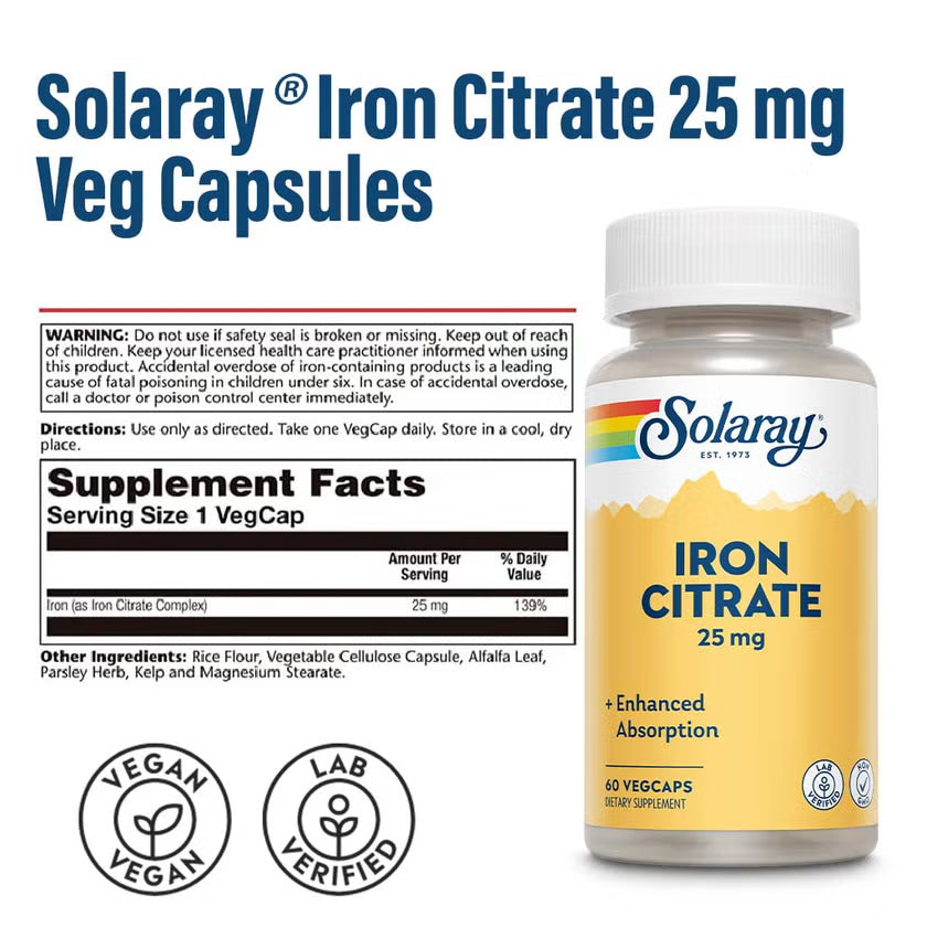 Solaray Iron Citrate 25 mg – Healthy Circulation, Cardiovascular Function & Red Blood Cell Support – 60 VegCaps