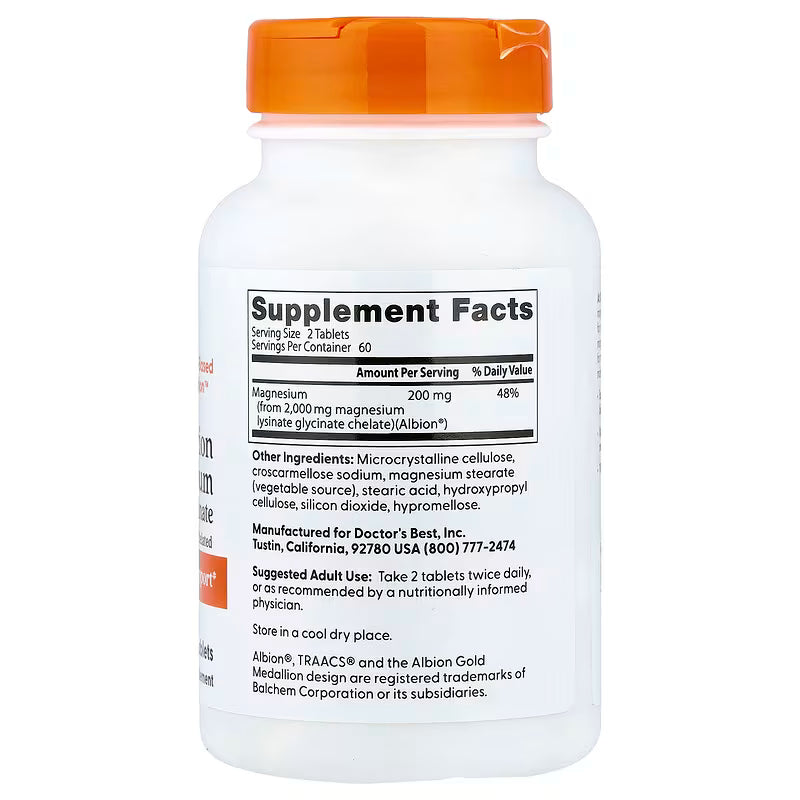 Doctor’s Best High Absorption Magnesium Lysinate Glycinate – 120 Tablets | 100% Chelated, Muscle, Nerve & Heart Support