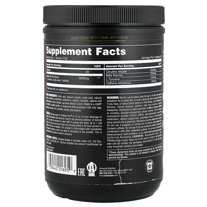 Universal Nutrition Animal Fury – Pre‑Workout Energy & Strength Formula – Citrulline, Beta‑Alanine, Caffeine – Kiwi Lime Powder – 510 g