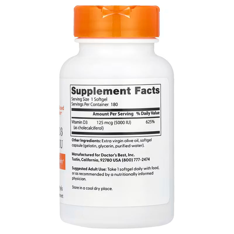 Doctor’s Best Vitamin D3 – 5000 IU, 180 Softgels | Bone, Immune & Heart Health Support