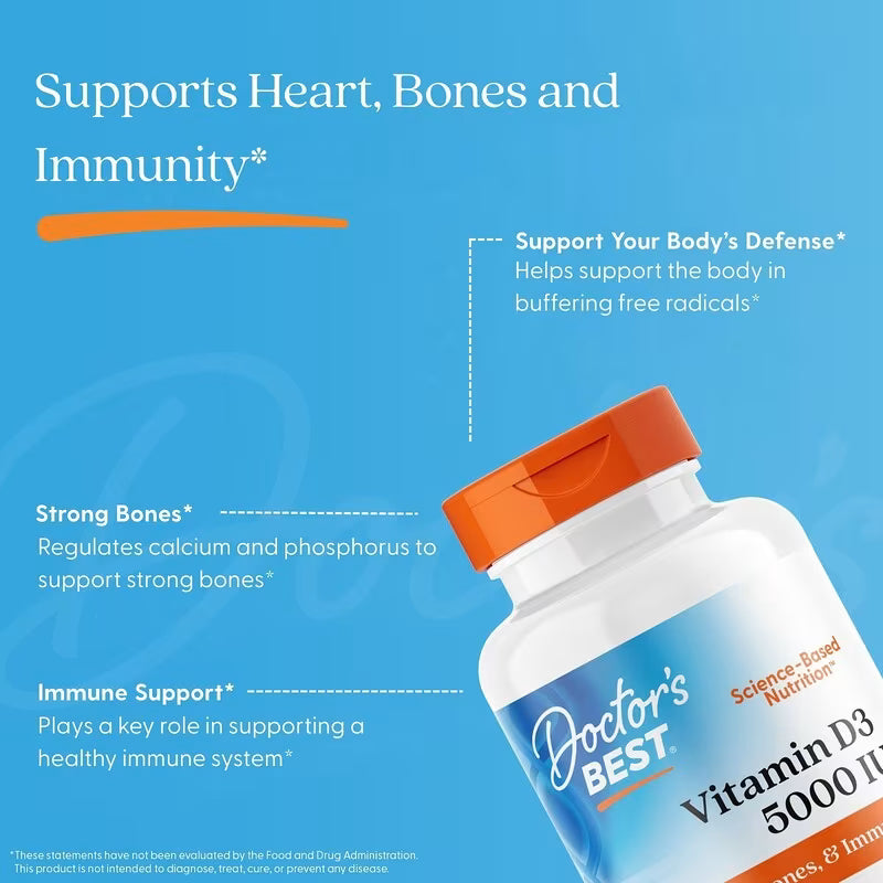 Doctor’s Best Vitamin D3 – 5000 IU, 180 Softgels | Bone, Immune & Heart Health Support