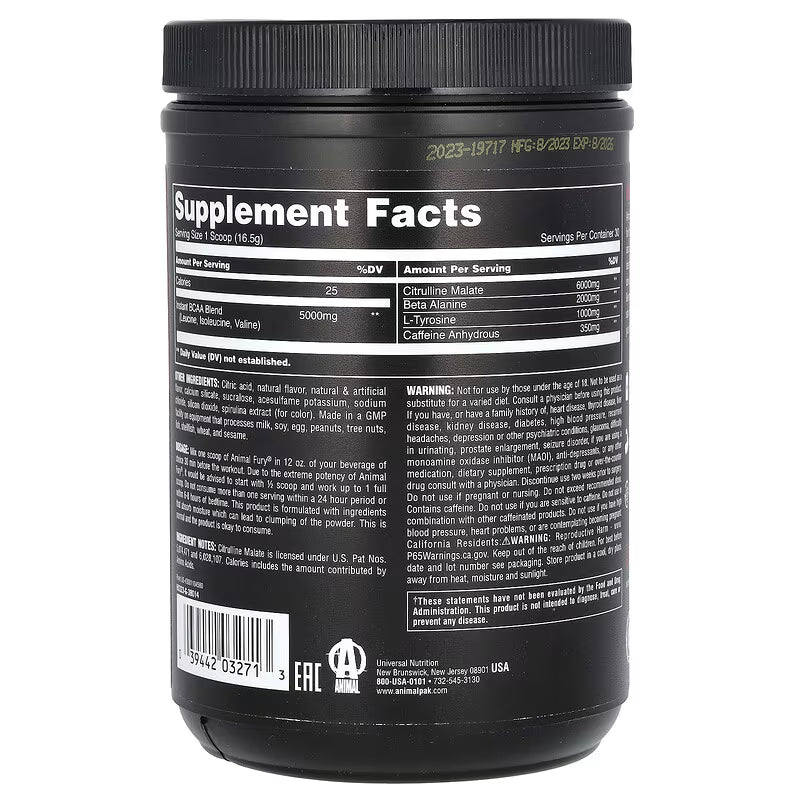 Universal Nutrition Animal Fury – Pre‑Workout Energy & Strength Formula – Citrulline, Beta‑Alanine, Caffeine – Blue Raspberry Powder – 495 g