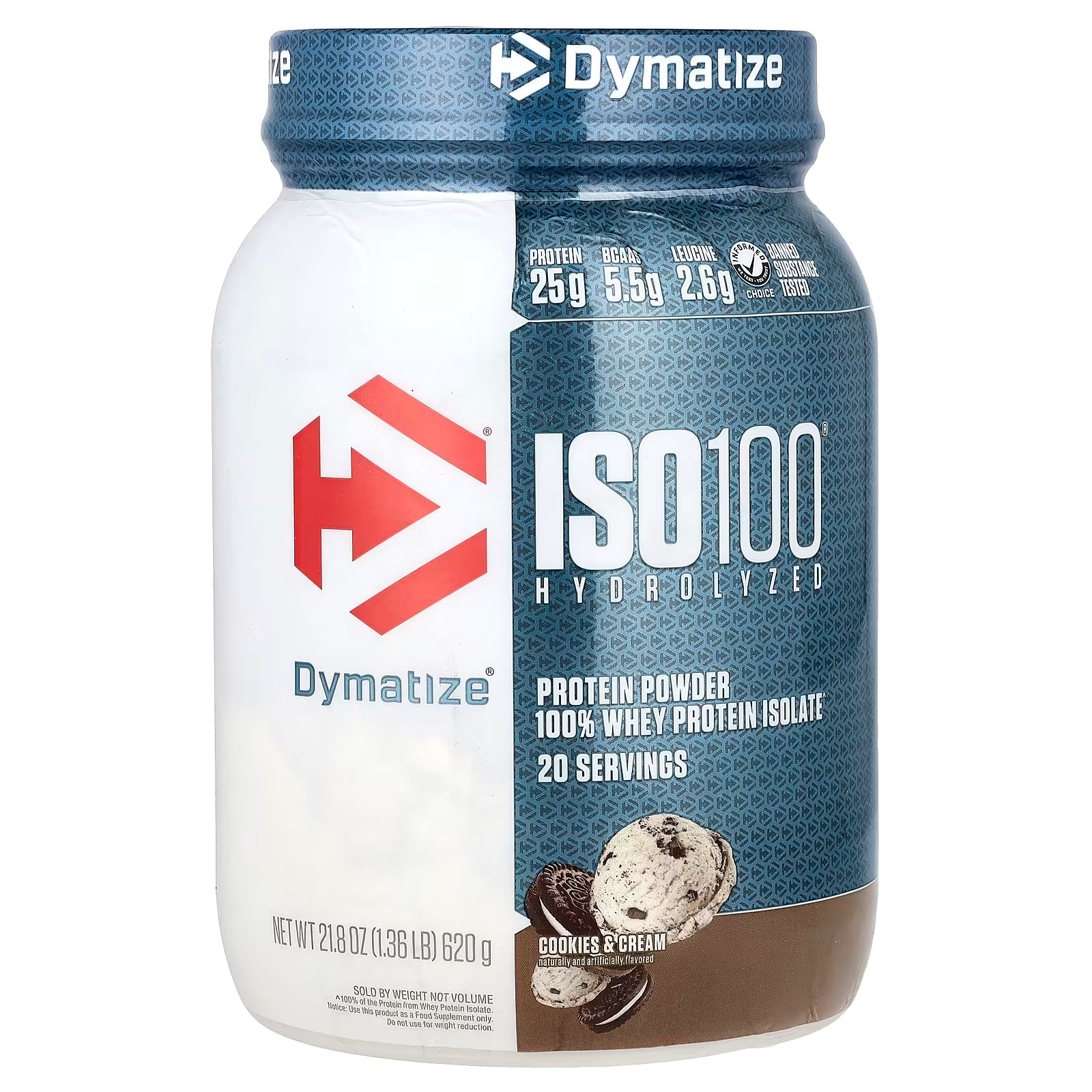 Dymatize ISO100 Hydrolyzed Whey Protein Powder, 100% Whey Isolate, Cookies & Cream Flavor, 25g Protein, 5.5g BCAAs, Gluten - Free, 20 Servings, 1.34 lbs - END Nutrition