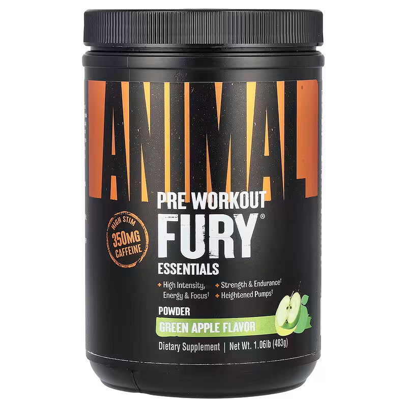 Universal Nutrition Animal Fury – Pre‑Workout Energy & Strength Formula – Citrulline, Beta‑Alanine, Caffeine – Green Apple Powder – 483 g