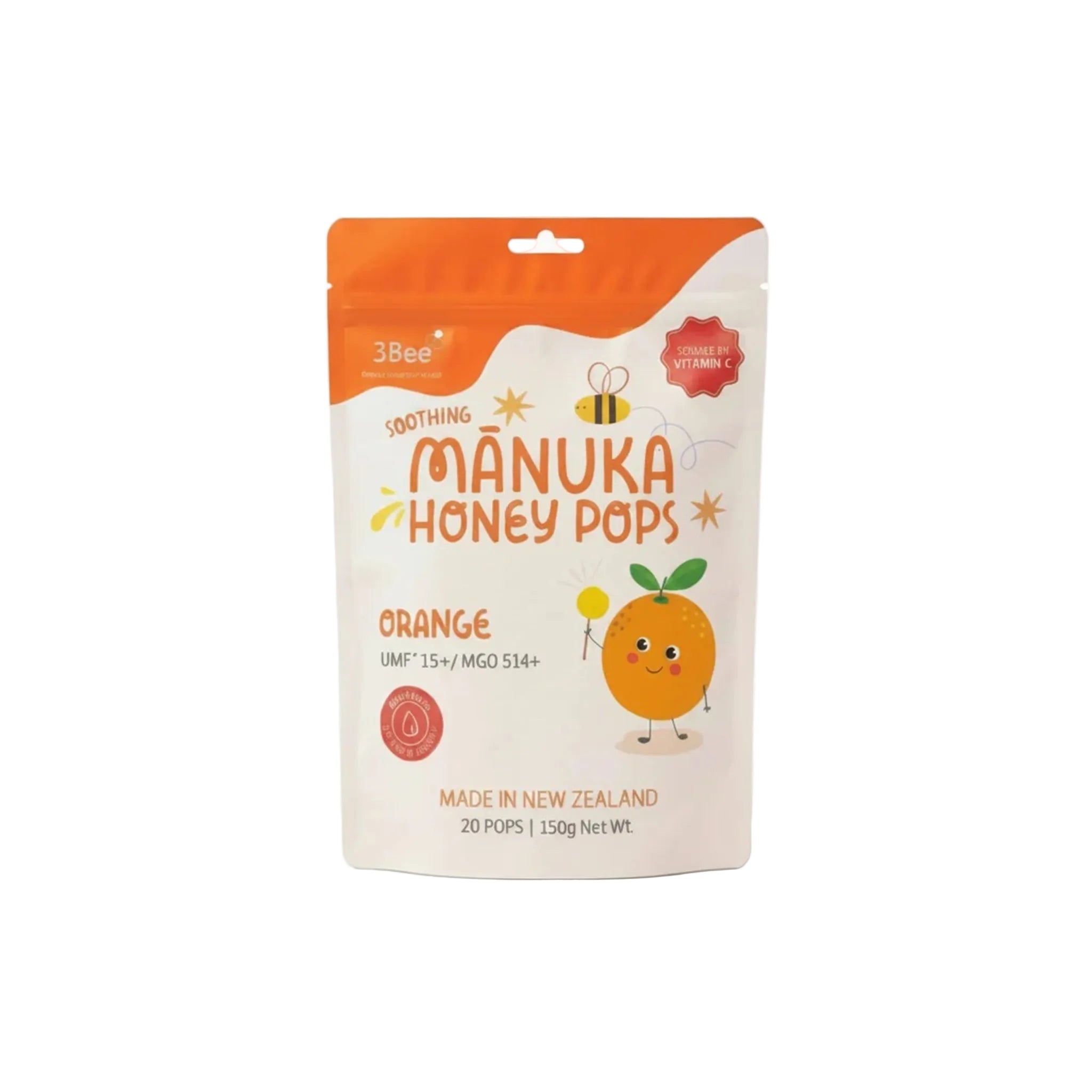 3BEE MHoney UMF15+ Lollipop – Orange, 150g – Manuka Honey UMF15+, Soothing Relief, Immunity Support - Endnutrition.com