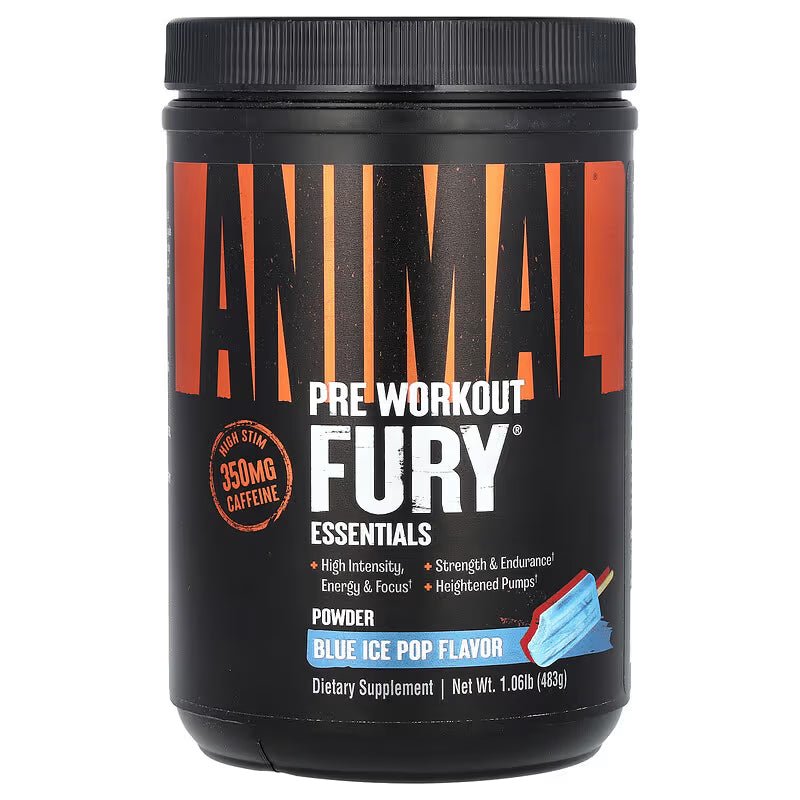 Universal Nutrition Animal Fury – Pre‑Workout Energy & Strength Formula – Citrulline, Beta‑Alanine, Caffeine – Blue Ice Pop Powder – 483 g