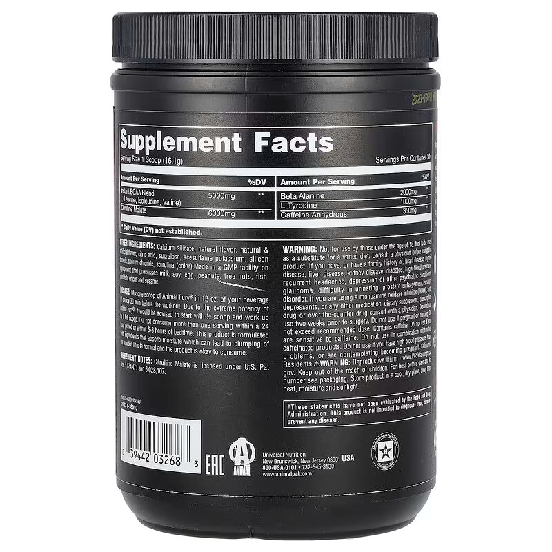 Universal Nutrition Animal Fury – Pre‑Workout Energy & Strength Formula – Citrulline, Beta‑Alanine, Caffeine – Green Apple Powder – 483 g