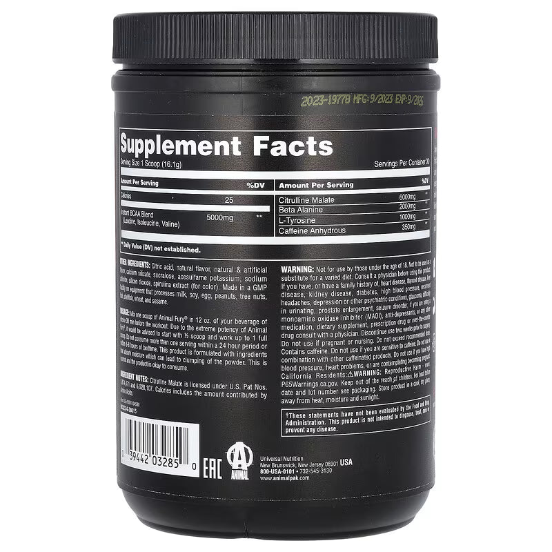 Universal Nutrition Animal Fury – Pre‑Workout Energy & Strength Formula – Citrulline, Beta‑Alanine, Caffeine – Blue Ice Pop Powder – 483 g