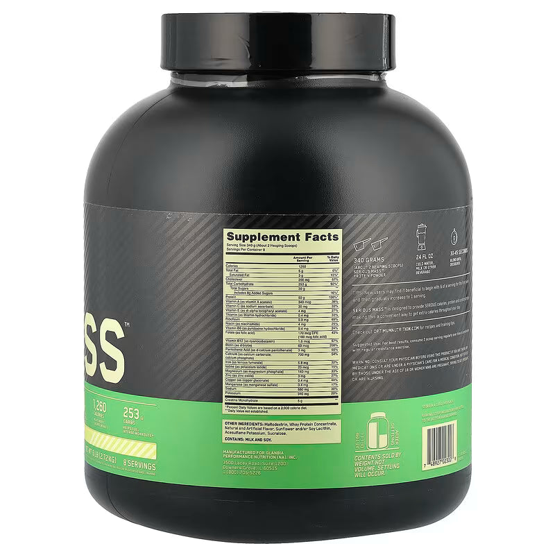 Optimum Nutrition Serious Mass Vanilla 2.72kg – High Protein Weight Gainer 50g Protein 6Lbs