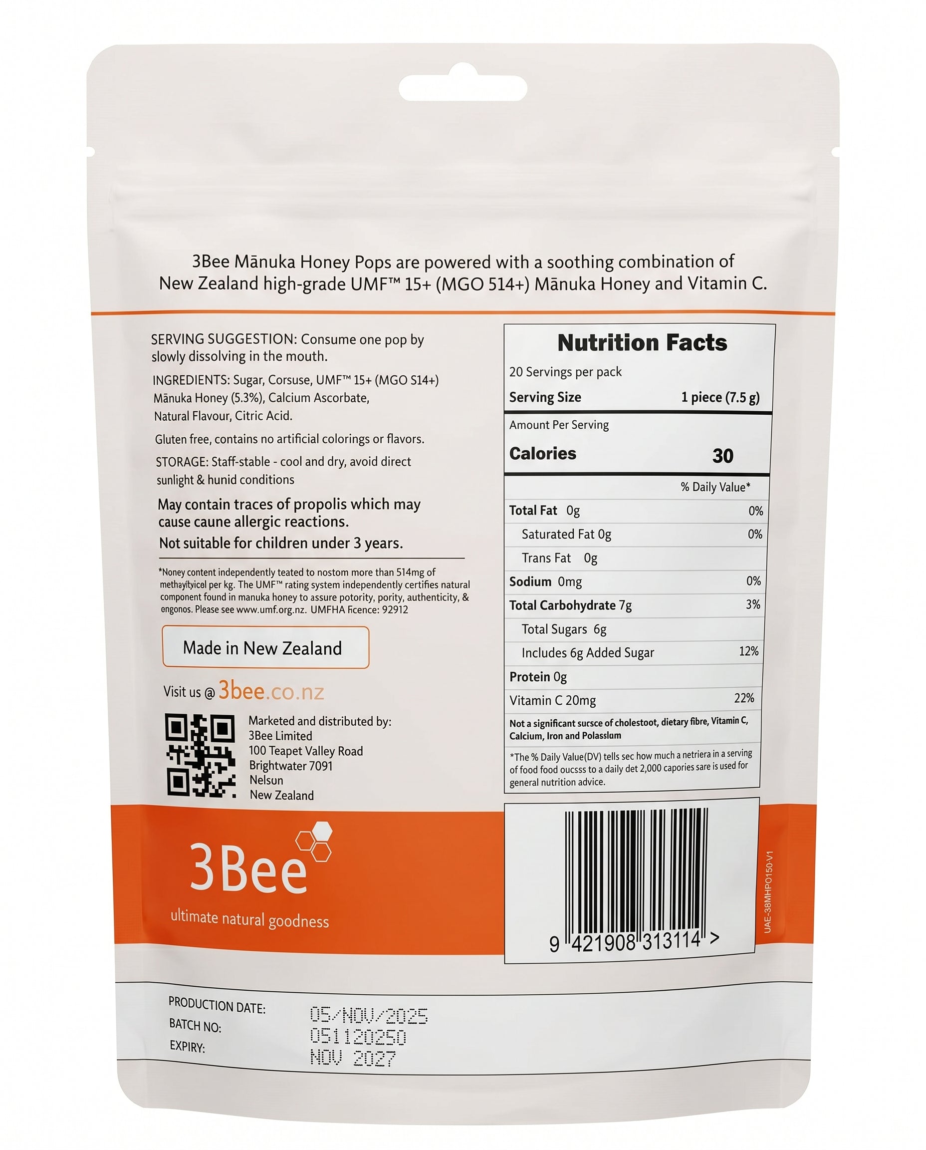 3BEE MHoney UMF15+ Lollipop – Orange, 150g – Manuka Honey UMF15+, Soothing Relief, Immunity Support