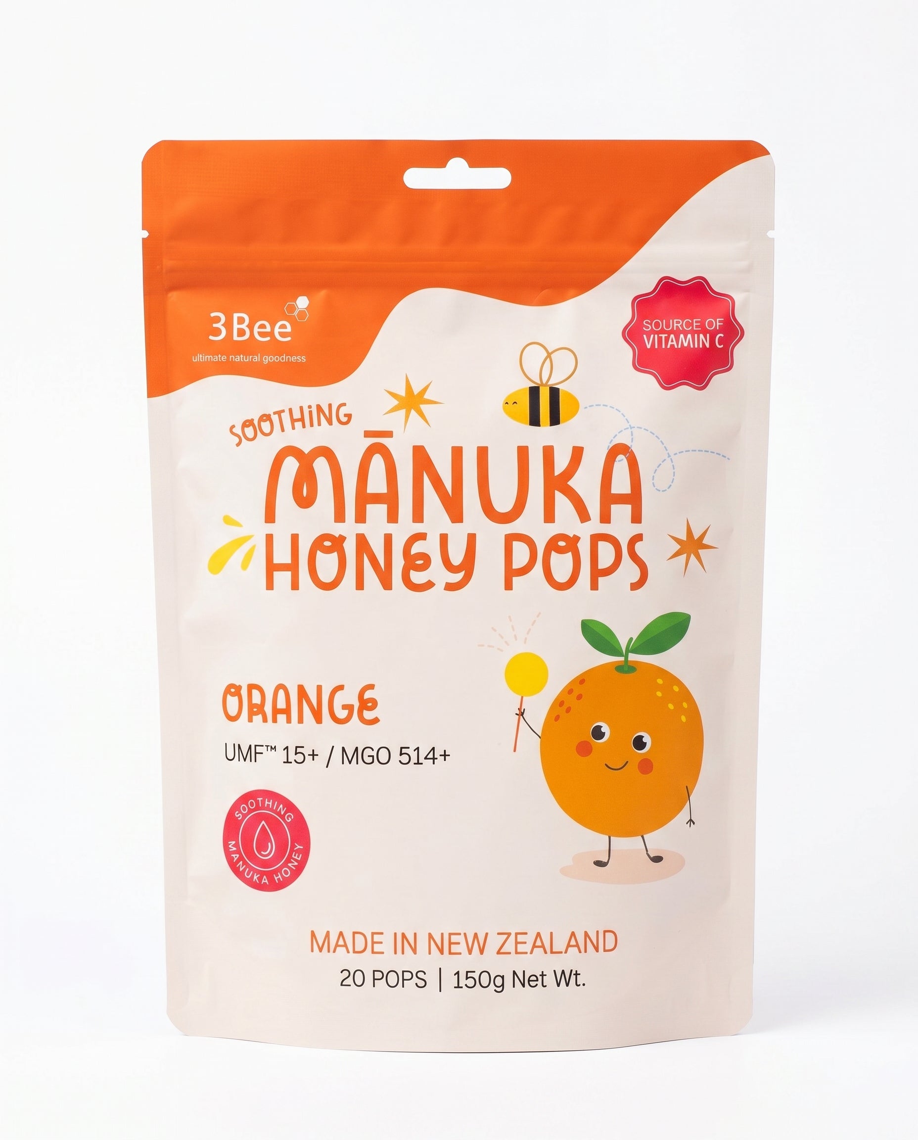 3BEE MHoney UMF15+ Lollipop – Orange, 150g – Manuka Honey UMF15+, Soothing Relief, Immunity Support