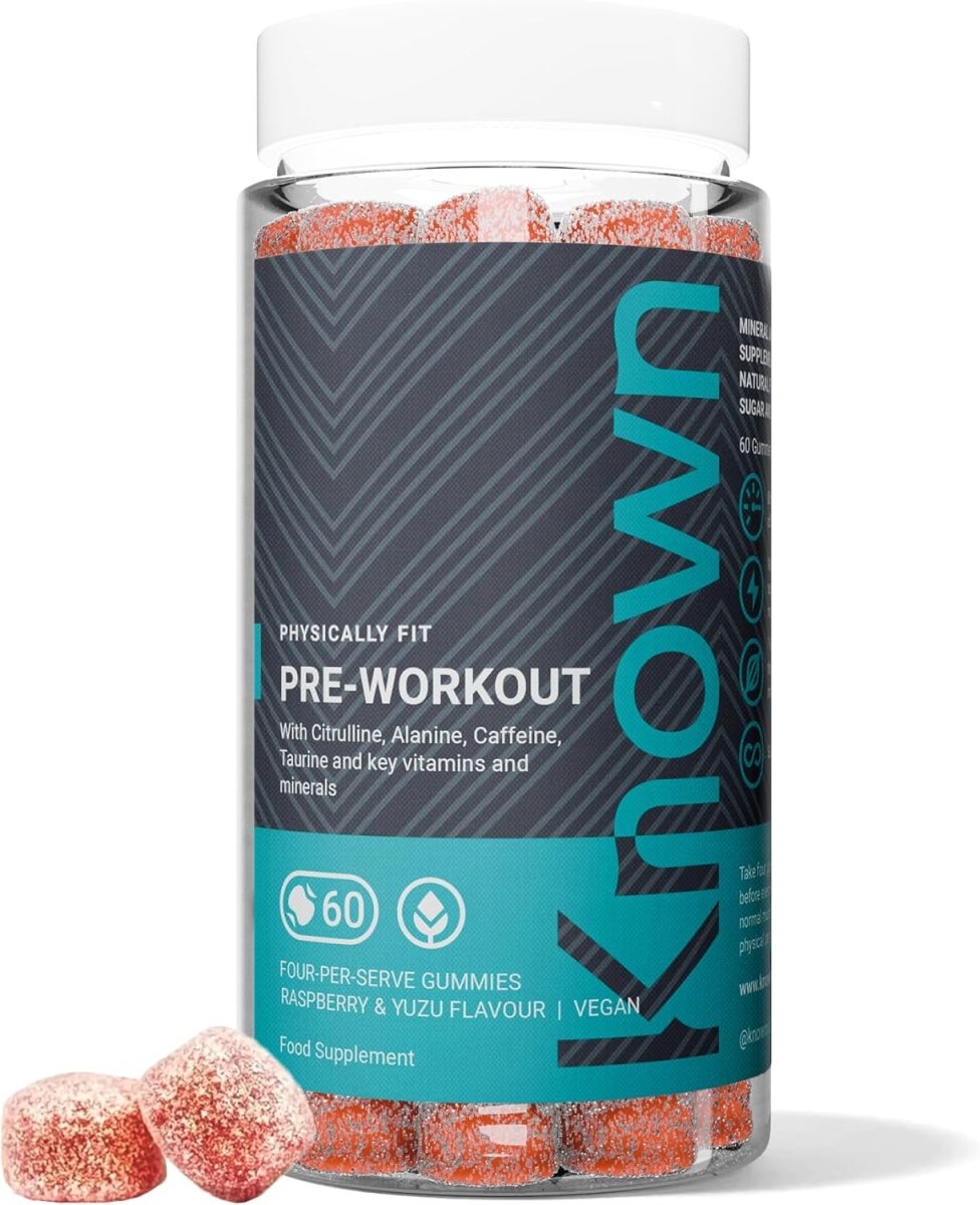 Known Nutrition Pre - Workout Gummies Raspberry & Yuzu Flavor | 80mg Caffeine, Taurine, Citrulline, Alanine & Vitamins D3, B3, B6, C | Vegan Energy & Performance Support - END Nutrition