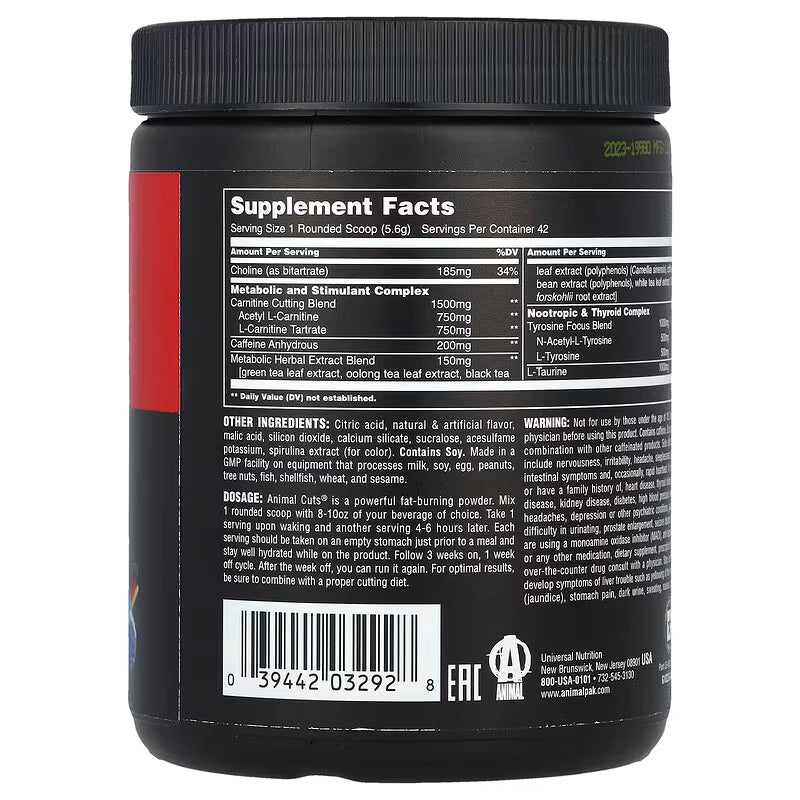 Universal Nutrition Animal Cuts Powder, Blue Ice Pop, 8.2 oz (235.2 g) – with Carnitine, Green Tea, Coffee Bean & Herbal Extracts