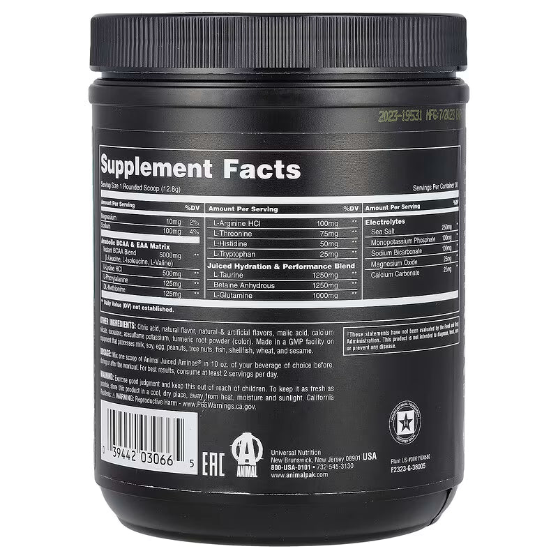 Universal Nutrition Animal Juiced Aminos – BCAA & EAA Recovery Formula – Muscle Repair, Endurance & Hydration – Orange Powder – 384 g