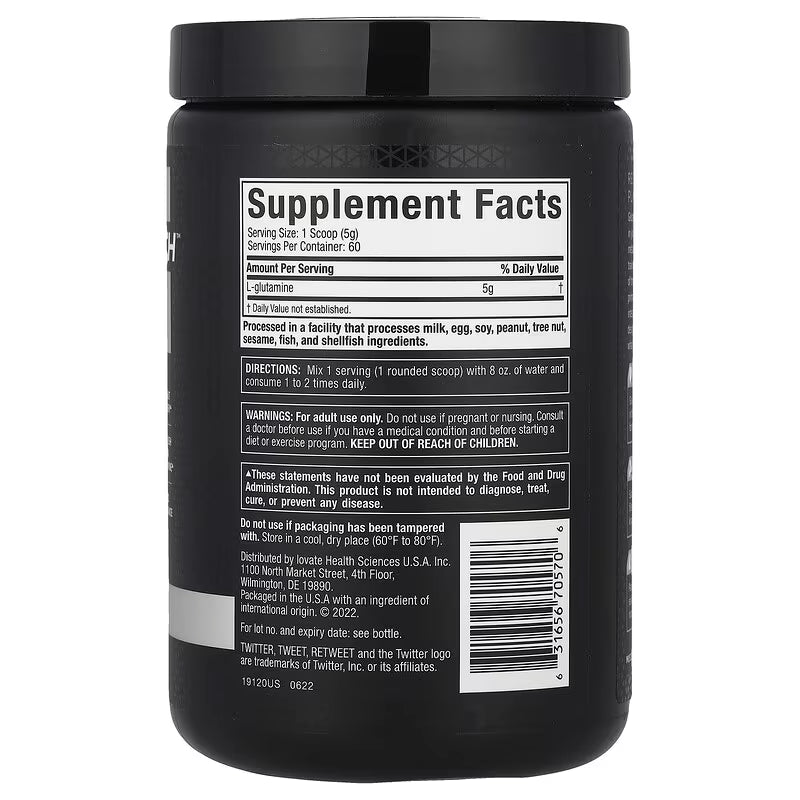 Black container of Muscletech 100% Glutamine supplement on a white background