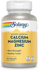 Solaray Calcium Magnesium Zinc – Bone Strength, Muscle Function, Heart & Immune Support – 100 Vegan Capsules