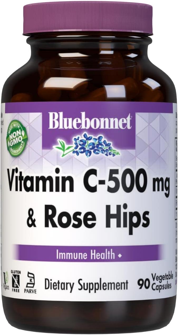 Bluebonnet Vitamin C‑500 mg + Rose Hips – 90 Veg Capsules – Immune & Antioxidant Support