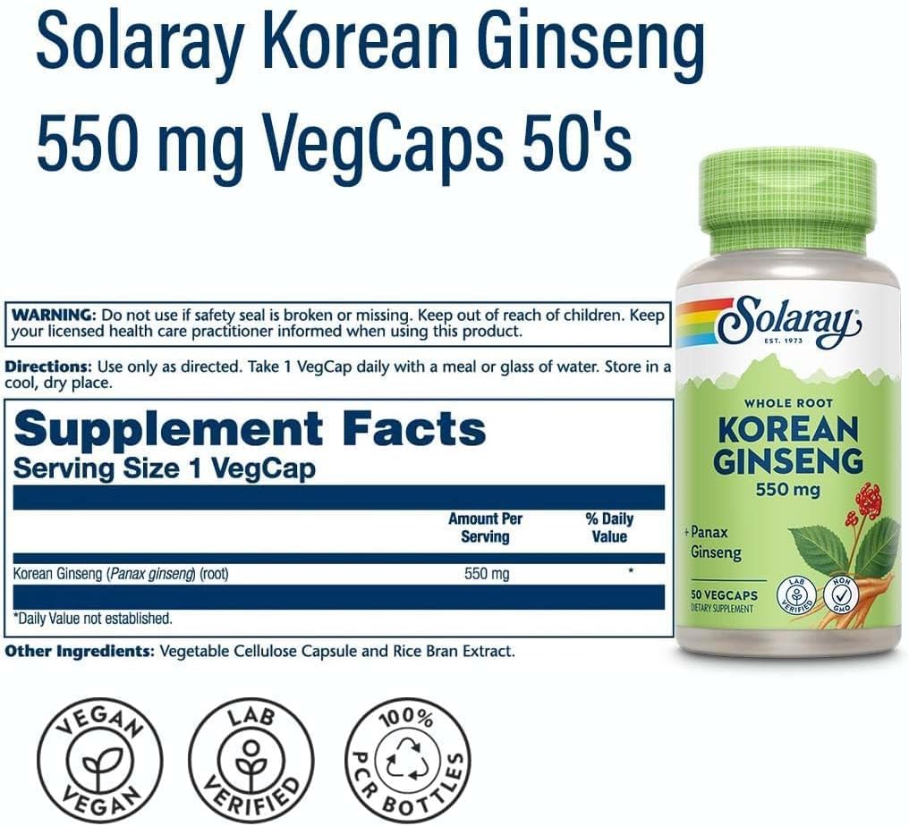 Solaray Korean Ginseng 550 mg – Energy, Vitality, Circulation & Stress Support – 50 Vegan Capsules - END Nutrition
