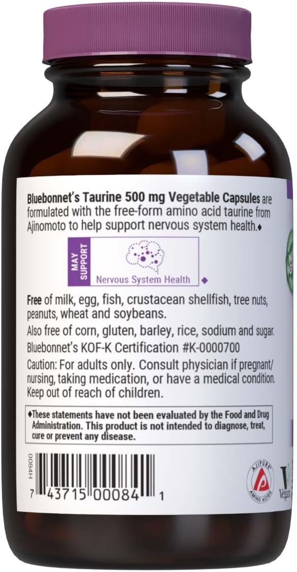 Bluebonnet L‑Taurine – 500 mg – Vegetable Capsules – Heart, Energy & Nervous System Support - END Nutrition