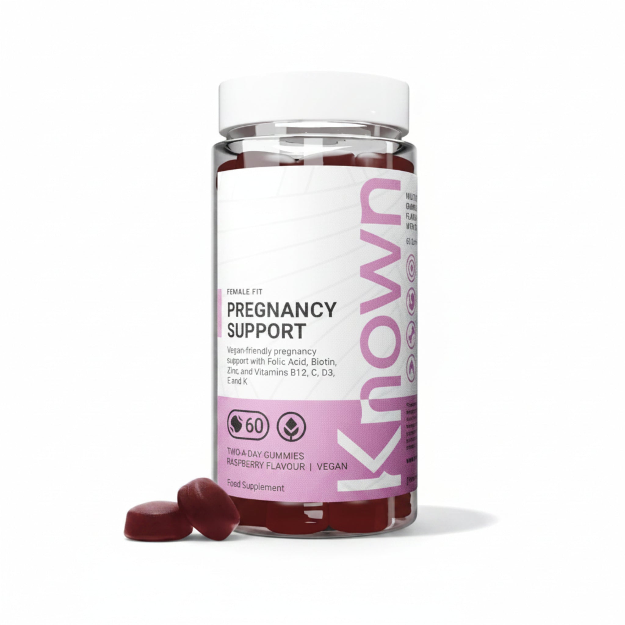 Known Pregnancy Support Gummies – 400 mcg Folic Acid, Raspberry Flavour, Vegan Prenatal Multivitamin with D3, K, C, E, B12, Biotin & Zinc – 1 Month Supply - END Nutrition