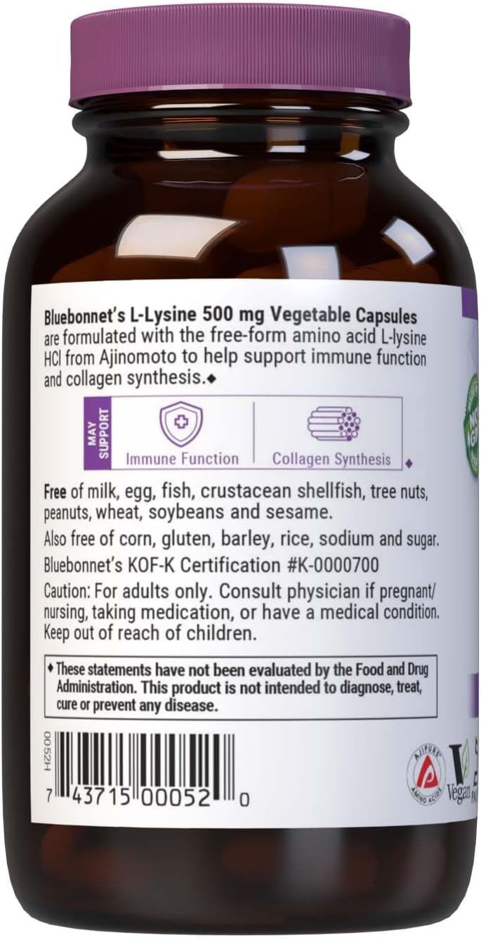 Bluebonnet L‑Lysine – 500 mg – 50 Vegetable Capsules – Immune & Collagen Support - END Nutrition