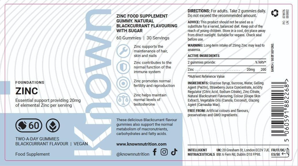 Known Zinc Gummies – 20 mg, Blackcurrant Flavour, Vegan, Immune Support, Skin, Hair, Nails, Fertility & Cognitive Function – 1 Month Supply - END Nutrition