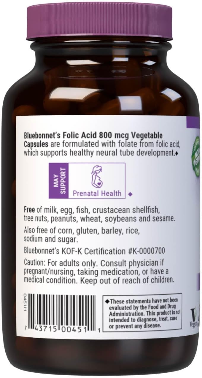 Bluebonnet Folic Acid – 800 mcg – 90 Vegetable Capsules – Prenatal & Neurological Development Support - END Nutrition