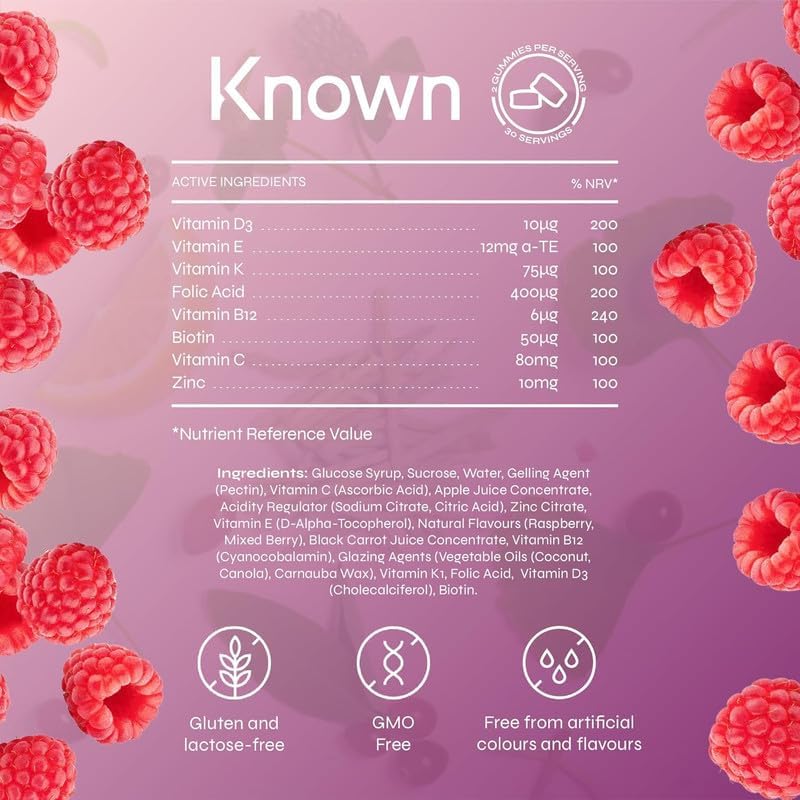 Known Pregnancy Support Gummies – 400 mcg Folic Acid, Raspberry Flavour, Vegan Prenatal Multivitamin with D3, K, C, E, B12, Biotin & Zinc – 1 Month Supply - END Nutrition