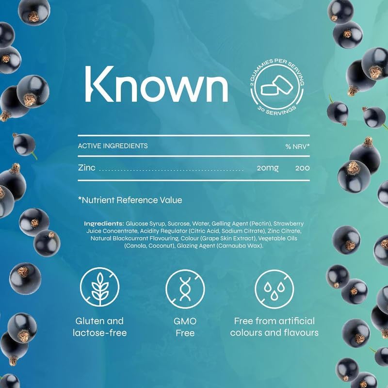 Known Zinc Gummies – 20 mg, Blackcurrant Flavour, Vegan, Immune Support, Skin, Hair, Nails, Fertility & Cognitive Function – 1 Month Supply - END Nutrition
