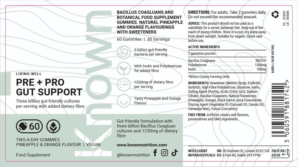 Known Pre+Pro Gut Support Gummies – 3 Billion CFU Bacillus Coagulans, Pineapple & Orange Flavour, Vegan Digestive & Immune Health – 60 Gummies, 1 Month Supply - END Nutrition