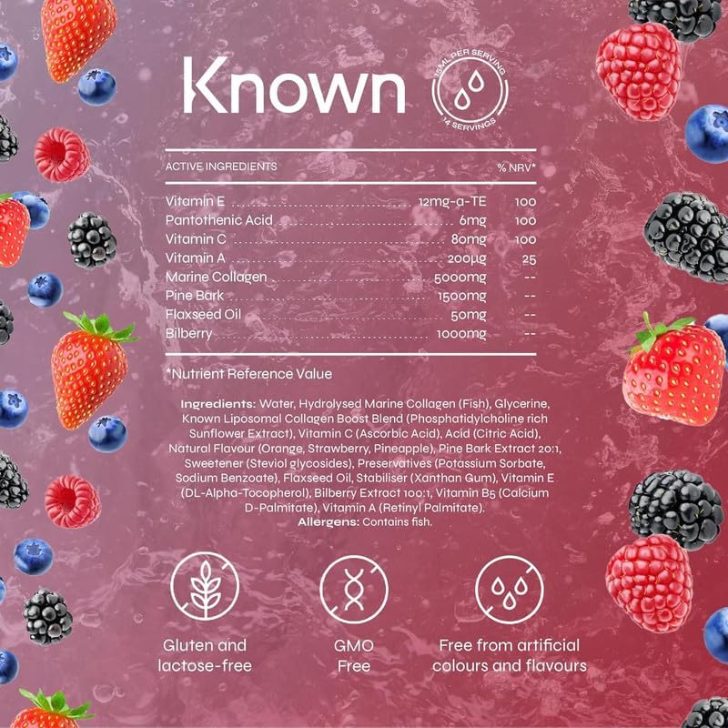 Known Advanced Hydrolysed Marine Collagen Liquid – 5000 mg Collagen, Vitamin A & C – Skin, Hair & Nail Support – Summer Fruits Flavour – 210 ml Bottle, 3rd Party Tested - END Nutrition
