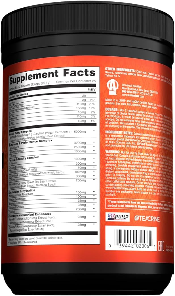 Animal Primal Pre‑Workout Loaded – Blood Orange Flavor – With Creatine, Beta‑Alanine, Citrulline & Caffeine – Explosive Energy, Strength & Endurance – 502.5 g