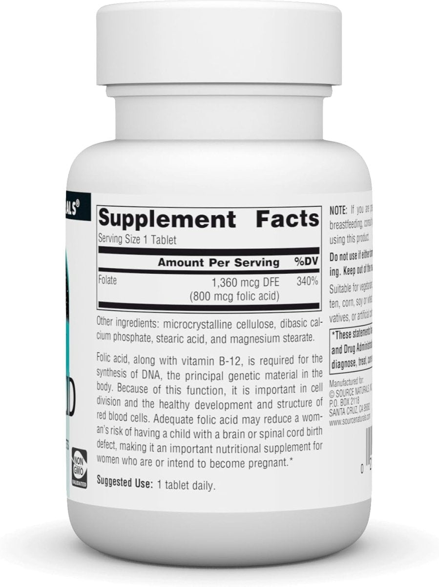 Source Naturals Folic Acid – 800 mcg – 200 Tablets – Prenatal & Cardiovascular Support - END Nutrition