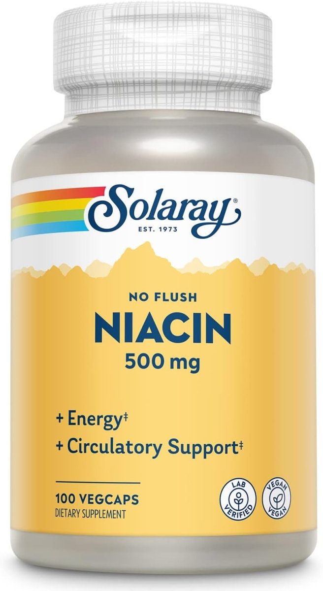 Solaray No Flush Niacin 500 mg – Flush‑Free Vitamin B3 – Energy, Circulation & Metabolism Support – 100 Vegan Capsules - END Nutrition