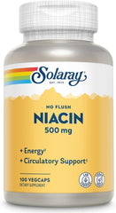 Solaray No Flush Niacin 500 mg – Flush‑Free Vitamin B3 – Energy, Circulation & Metabolism Support – 100 Vegan Capsules