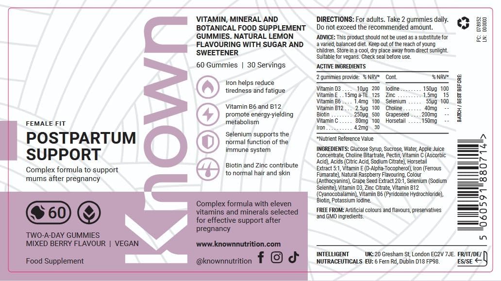 Known Postpartum Support Gummies – Mixed Berry Flavour, Vegan Multivitamin with Iron, Biotin, Choline & Vitamins for Recovery & Energy – 1 Month Supply - END Nutrition