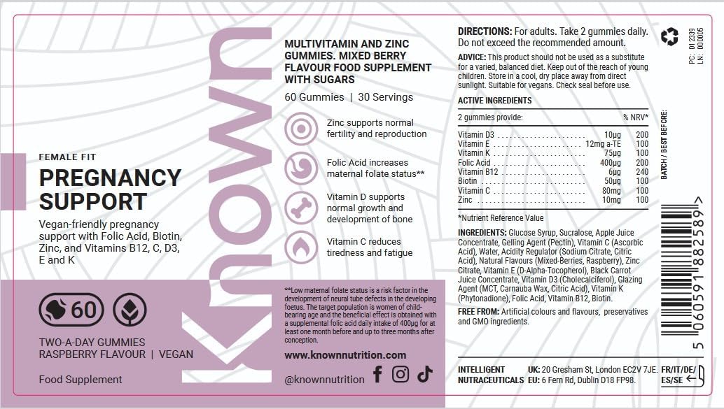 Known Pregnancy Support Gummies – 400 mcg Folic Acid, Raspberry Flavour, Vegan Prenatal Multivitamin with D3, K, C, E, B12, Biotin & Zinc – 1 Month Supply - END Nutrition