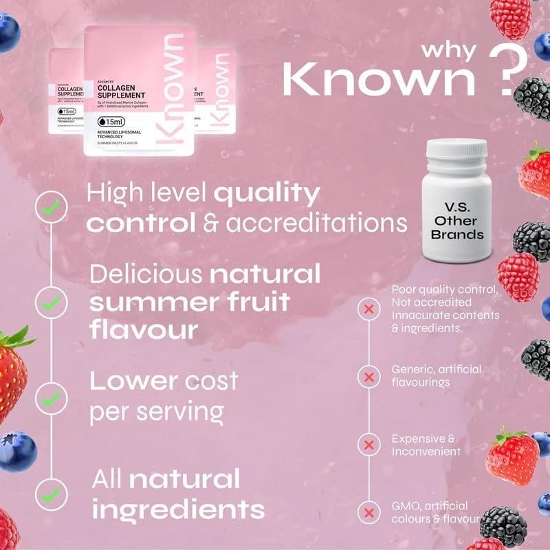 Known Advanced Hydrolysed Marine Collagen Liquid – 5000 mg Collagen, Vitamin A & C – Skin, Hair & Nail Support – Summer Fruits Flavour – 210 ml Bottle, 3rd Party Tested - END Nutrition
