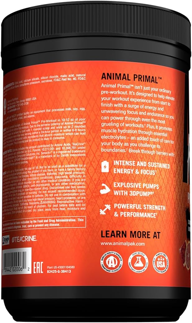 Animal Primal Pre‑Workout Loaded – Blood Orange Flavor – With Creatine, Beta‑Alanine, Citrulline & Caffeine – Explosive Energy, Strength & Endurance – 502.5 g