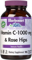 Bluebonnet Vitamin C‑1000 mg + Rose Hips – 90 Vegetable Capsules – Immune & Antioxidant Support