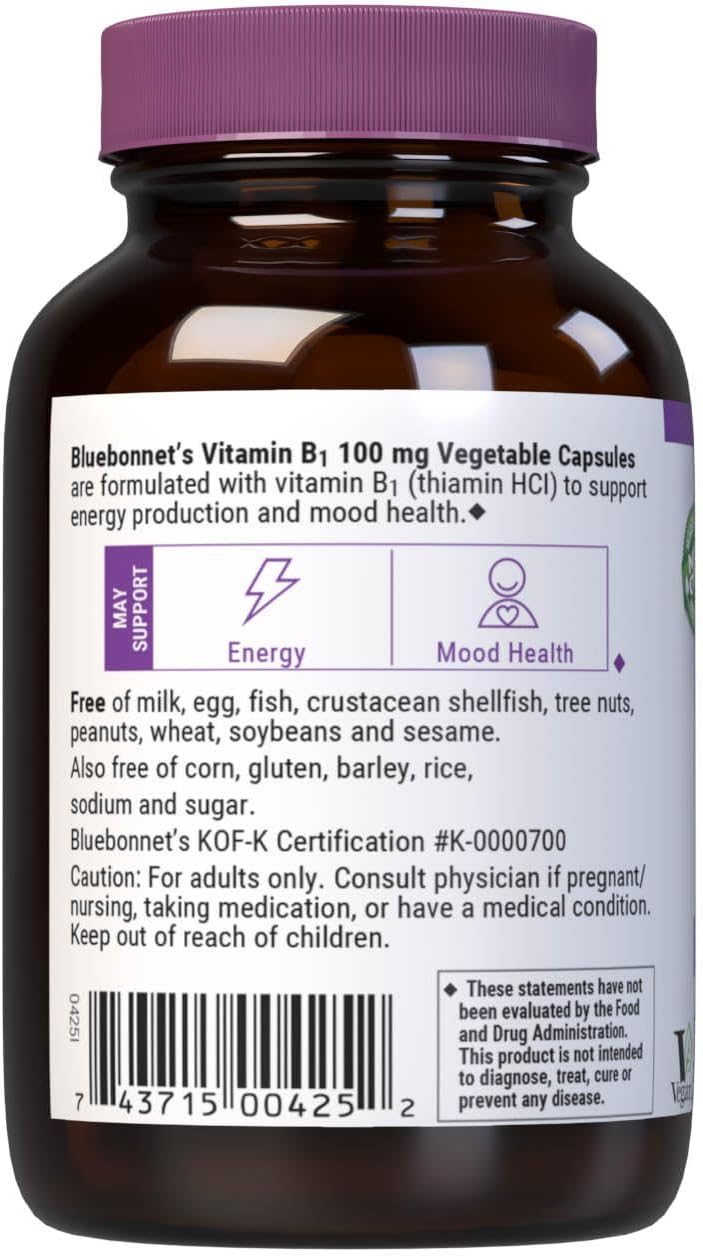 Bluebonnet Vitamin B1 – 100 mg – 100 Vegetable Capsules – Mood & Energy Support - END Nutrition