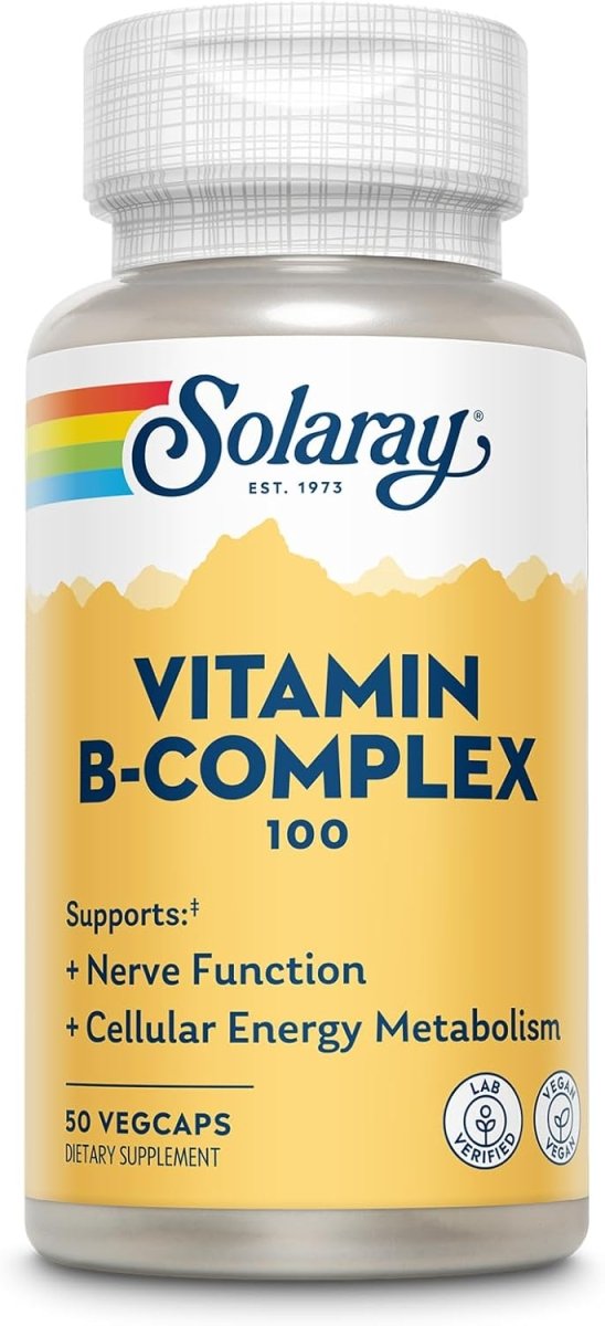 Solaray Vitamin B Complex 100 mg – Cellular Energy, Metabolism, Nerve & Heart Health – All 8 B Vitamins - Vitamin B12, B1, B2, B3, B6, Niacin, Folic Acid and Biotin – 50 Vegan Capsules - END Nutrition