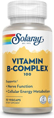 Solaray Vitamin B Complex 100 mg – Cellular Energy, Metabolism, Nerve & Heart Health – All 8 B Vitamins - Vitamin B12, B1, B2, B3, B6, Niacin, Folic Acid and Biotin – 50 Vegan Capsules