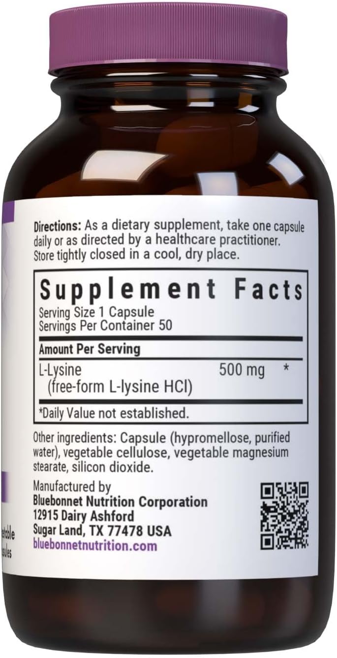 Bluebonnet L‑Lysine – 500 mg – 50 Vegetable Capsules – Immune & Collagen Support