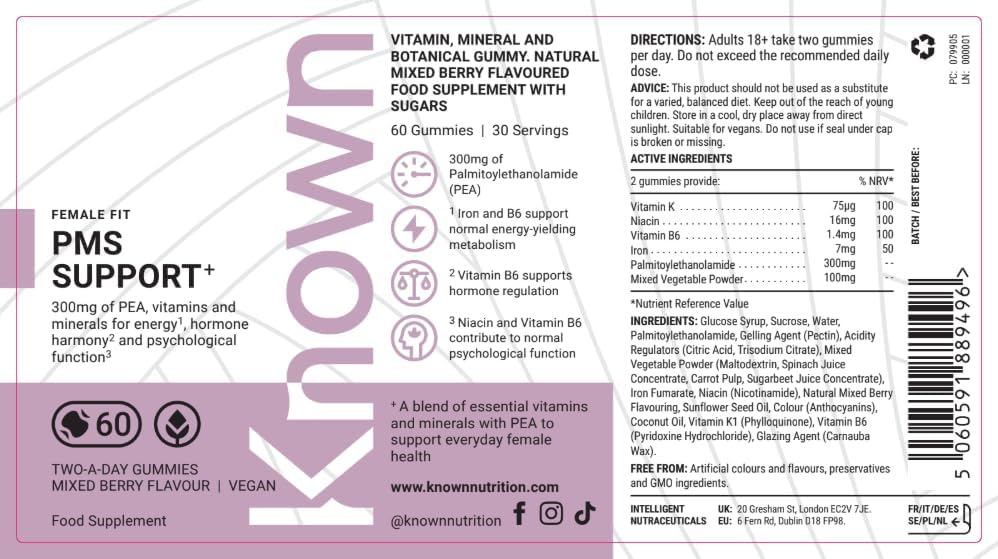 Known PMS Support Gummies – Mixed Berry Flavour, Vegan Supplement with 300 mg Pea, Iron & Vitamin B6 – Hormonal Balance, Cognitive Function & Energy – 1 Month Supply - END Nutrition