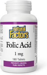 Natural Factors Folic Acid – 1 mg – 180 Tablets – Prenatal Support, Heart Health & Energy Metabolism