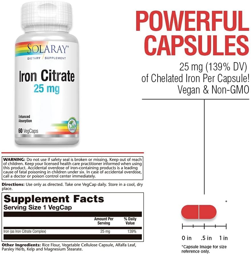 Solaray Iron Citrate 25 mg – Healthy Circulation, Cardiovascular Function & Red Blood Cell Support – 60 VegCaps - END Nutrition