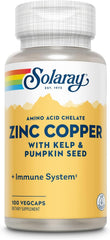 Solaray Zinc Copper Amino Acid Chelate – Immune, Bone, Skin, Heart & Thyroid Support – With Iodine from Kelp – 100 Vegan Capsules