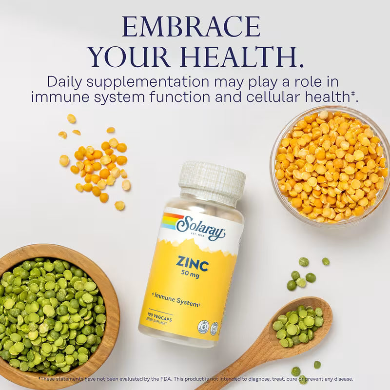 Solaray Zinc 50 mg – Immune Defense, Skin Health & Cellular Support – 100 Vegetarian Capsules