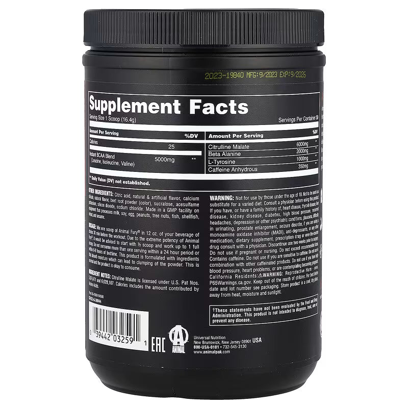 Universal Nutrition Animal Fury – Pre‑Workout Energy & Strength Formula – Citrulline, Beta‑Alanine, Caffeine – Watermelon Powder – 492 g